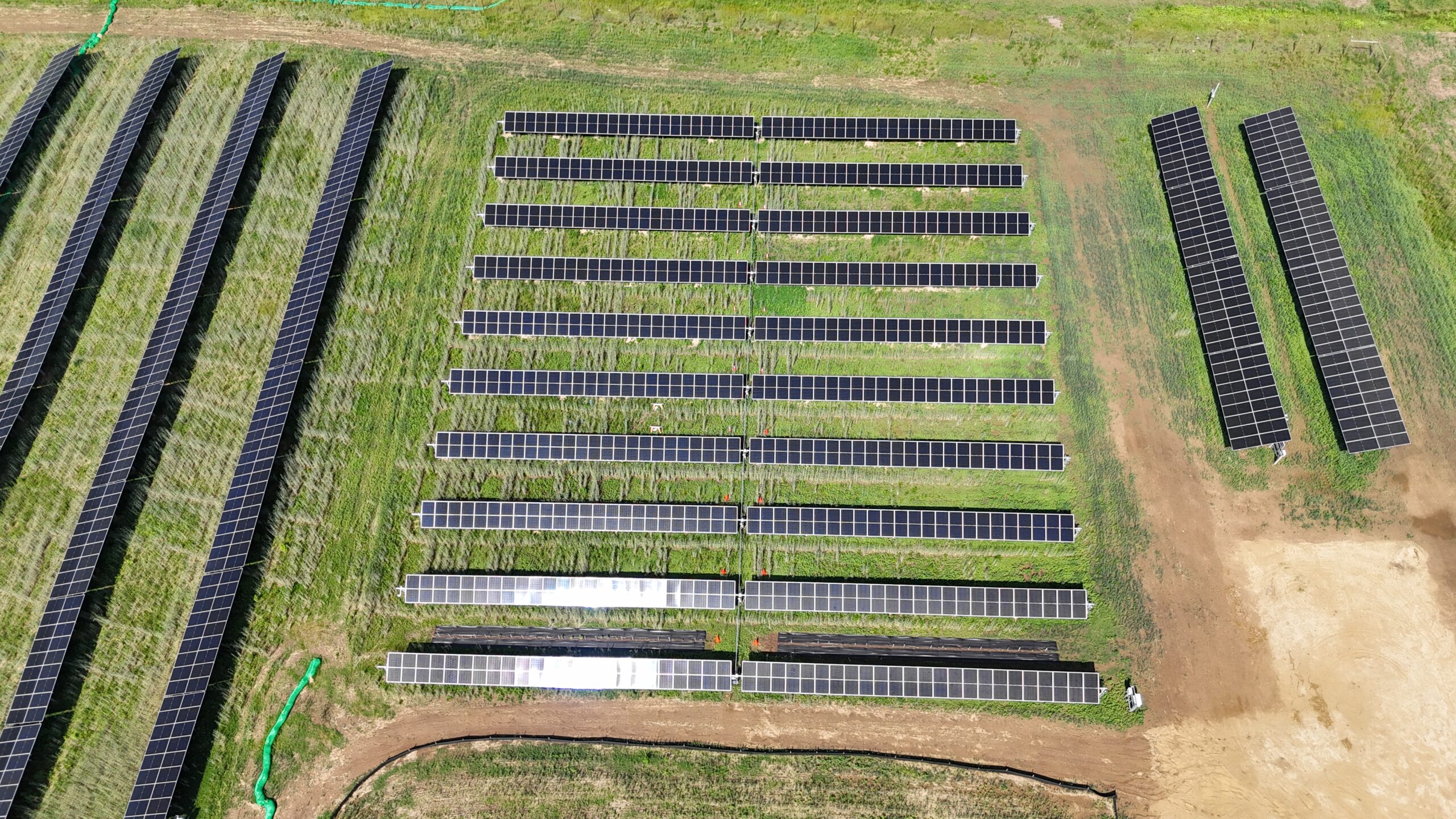 Aerial view of single axis solar tracking array at UW Kegonsa Solar Project